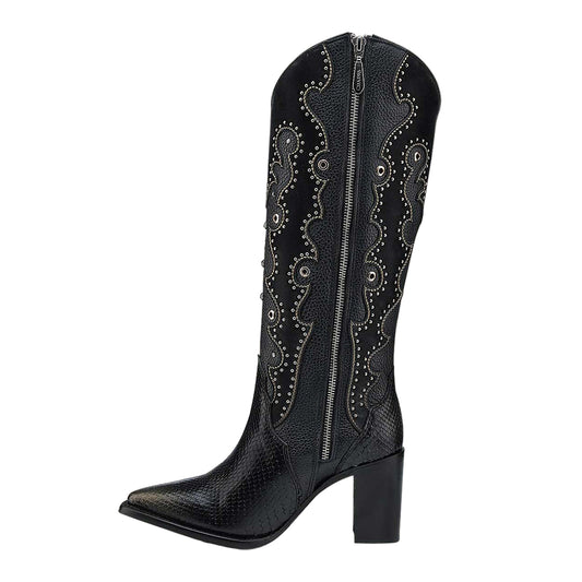 Black Python Embroidery & Studs & Zipper Pointed Toe