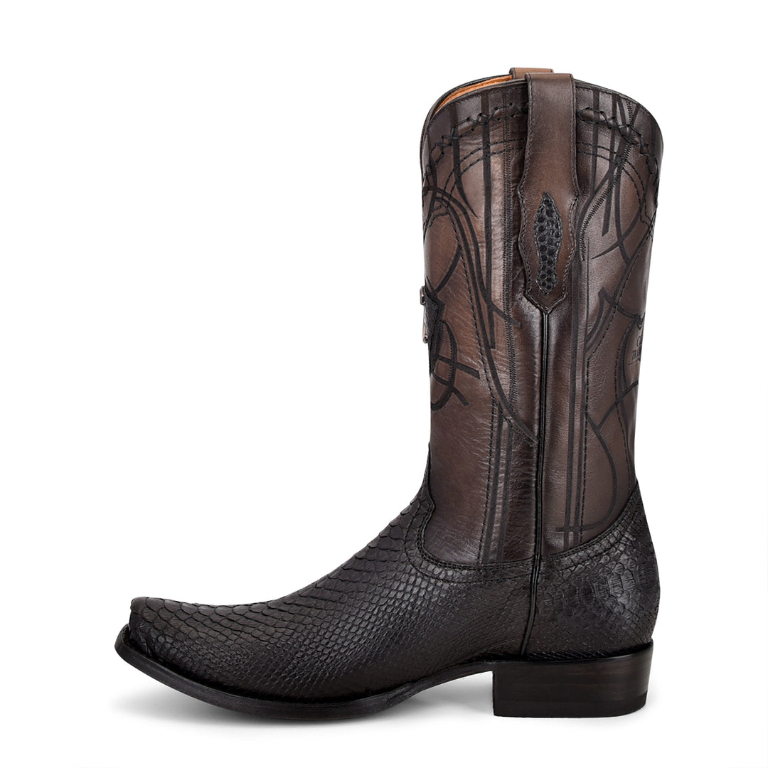 Plunge Black Python Laser & Embroidery Narrow Square Toe
