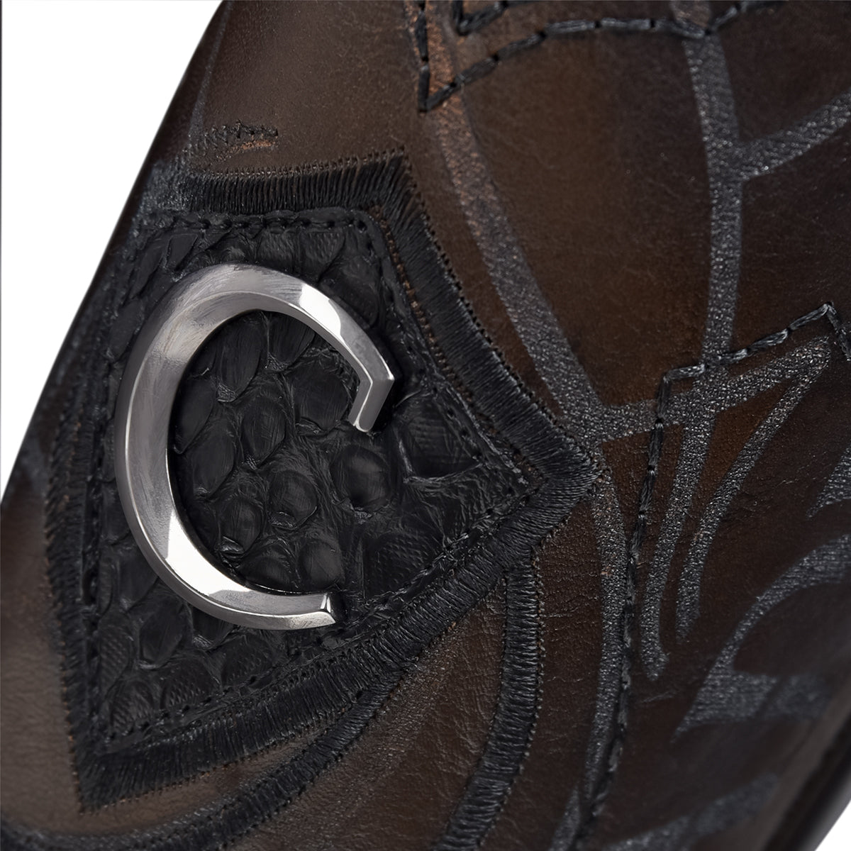 Plunge Black Python Laser & Embroidery Narrow Square Toe