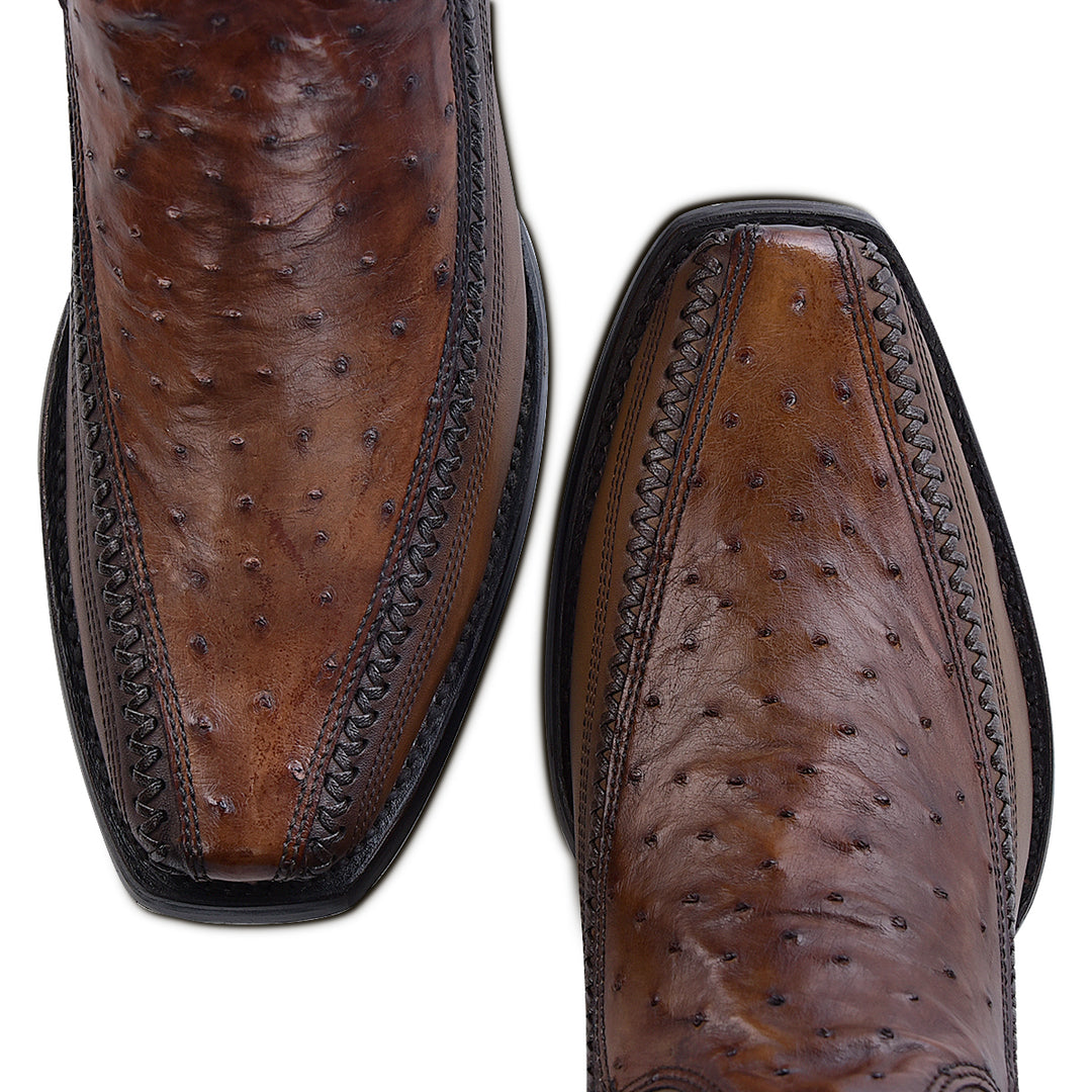 Moroni Chestnut Ostrich Laser & Woven Narrow Square Toe