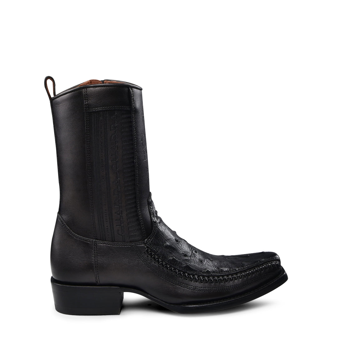 Black Ostrich Laser & Woven Narrow Square Toe