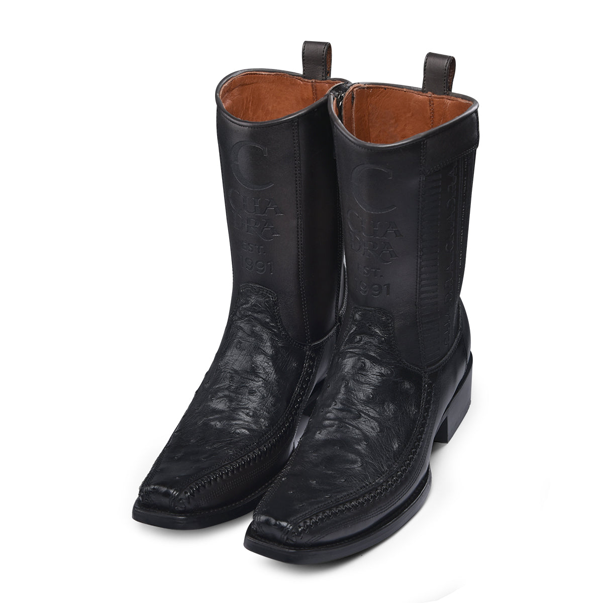 Black Ostrich Laser & Woven Narrow Square Toe