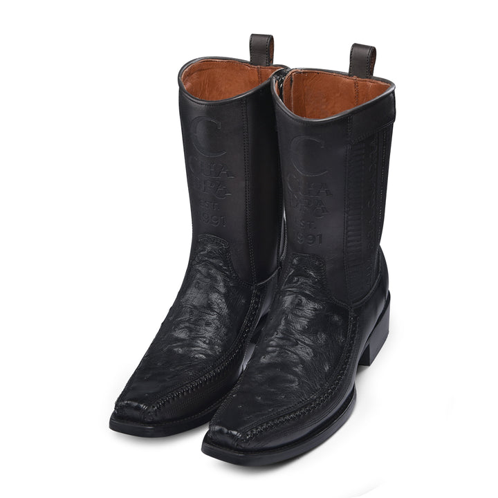 Black Ostrich Laser & Woven Narrow Square Toe