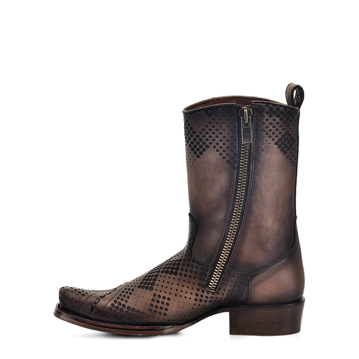 Twister Brown Laser & Woven & Zipper Narrow Square Toe