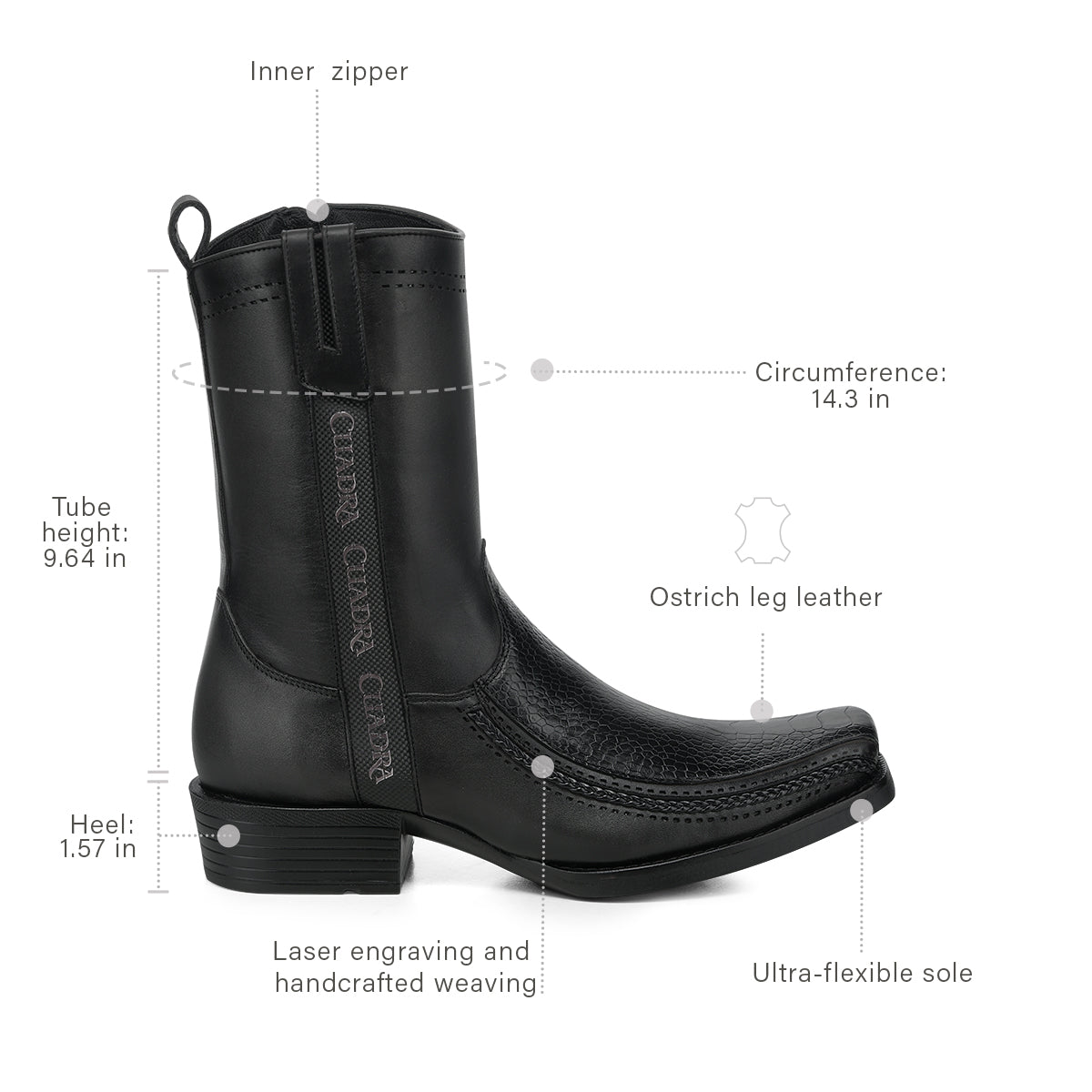 Cuadra Black Ostrich Leg Laser & Zipper Narrow Sq CC299