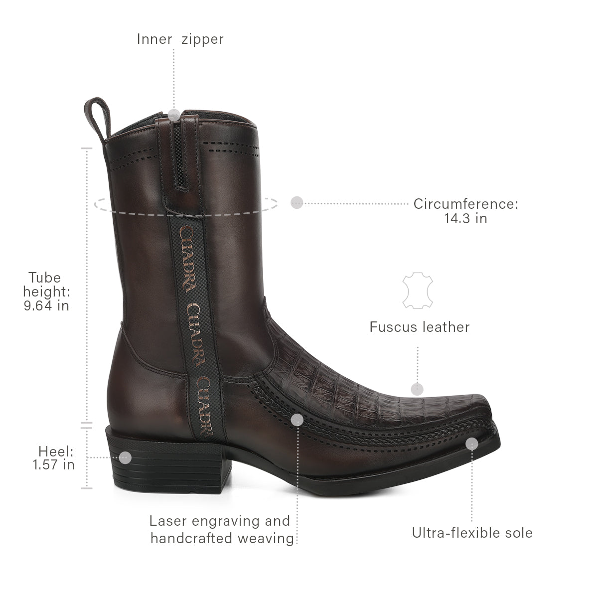 Cuadra Chocolate Caiman Laser & Zipper Narrow Square CC300