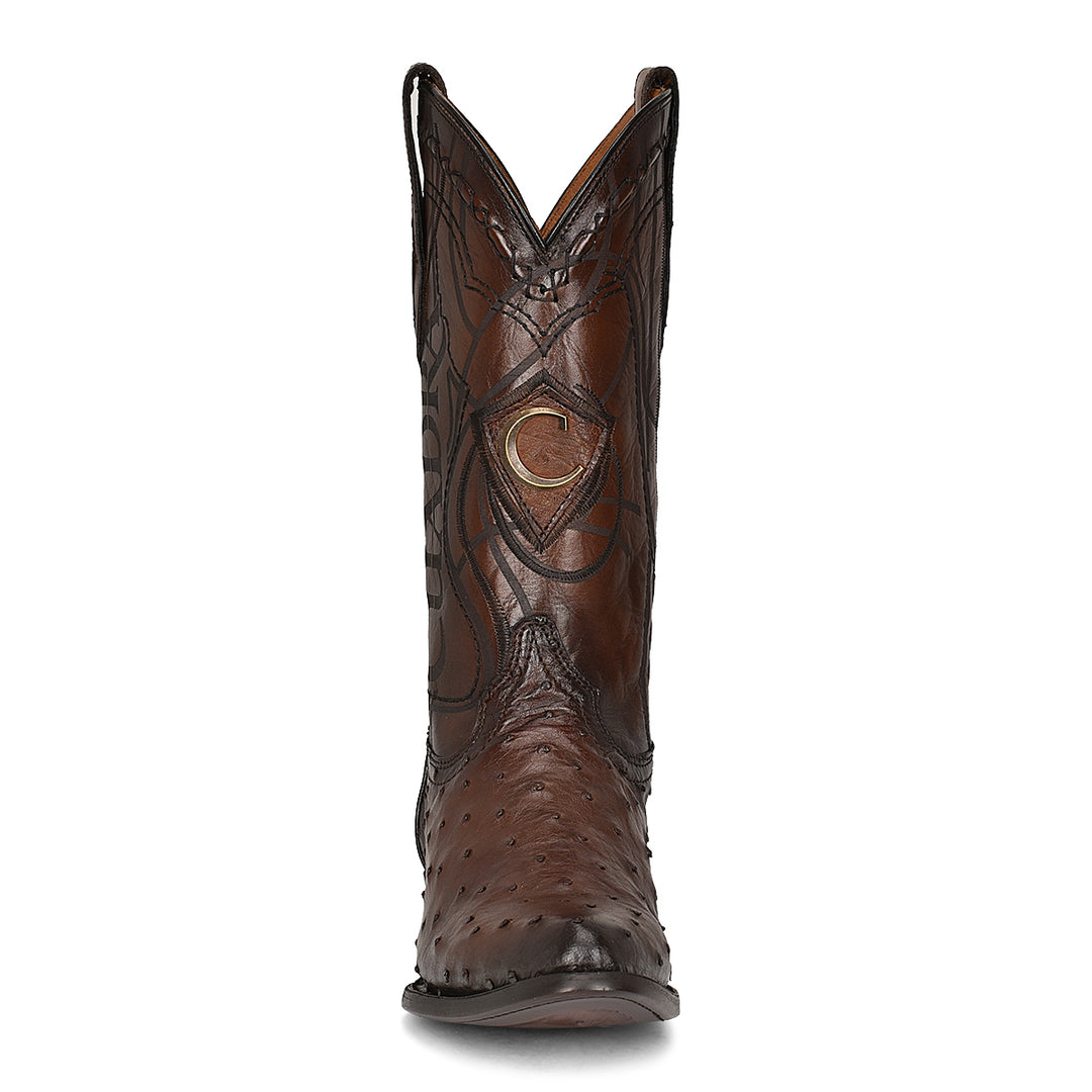 Flame Brown Ostrich Laser & Embroidery Round Toe