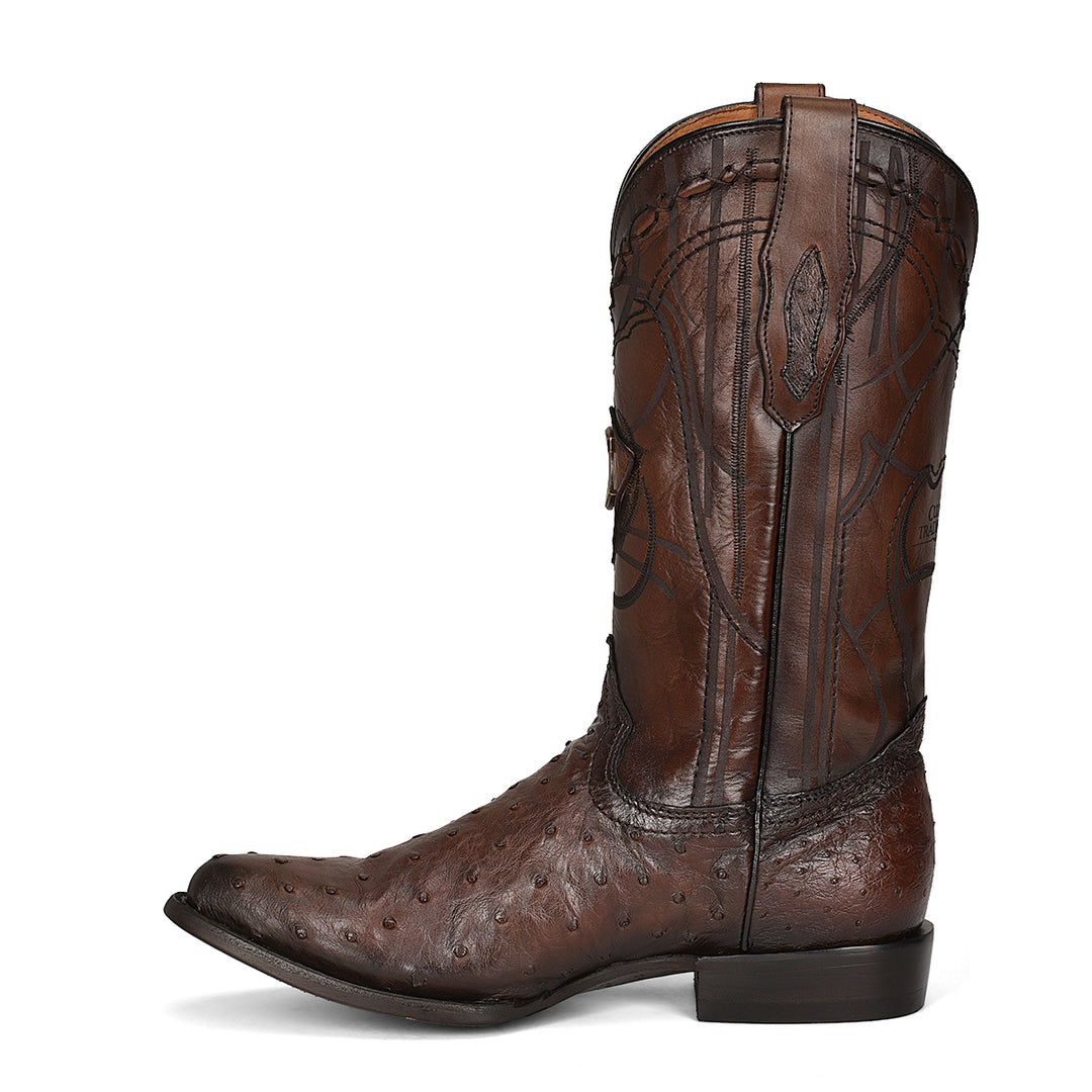 Flame Brown Ostrich Laser & Embroidery Round Toe