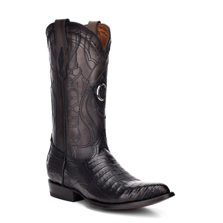 Plunge Black Caiman Laser & Embroidery Round Toe