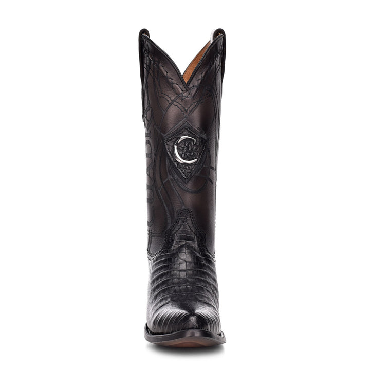 Plunge Black Caiman Laser & Embroidery Round Toe