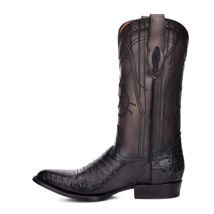 Plunge Black Caiman Laser & Embroidery Round Toe