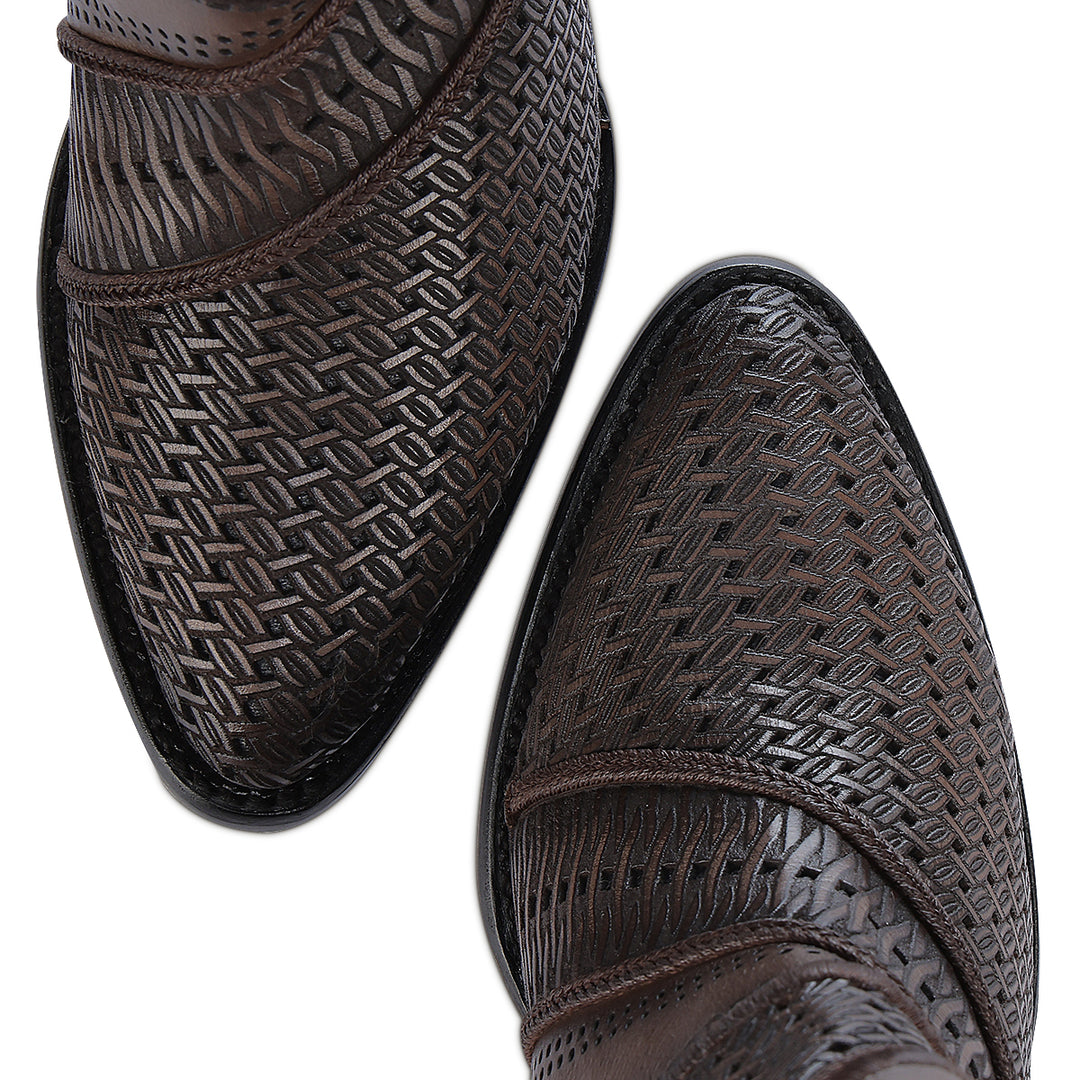 Brown Laser & Embroidery & Studs & Zipper Round Toe
