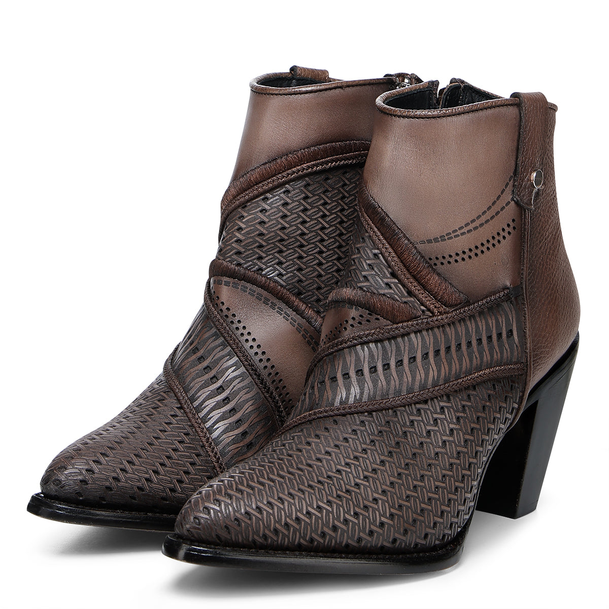 Brown Laser & Embroidery & Studs & Zipper Round Toe