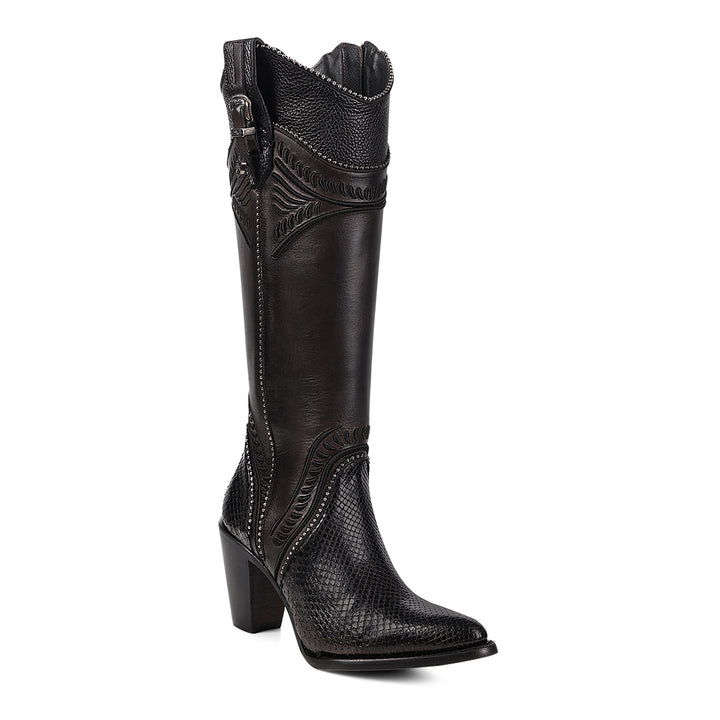Black Python Cosmo Embroidery & Studs & Zipper Round Toe
