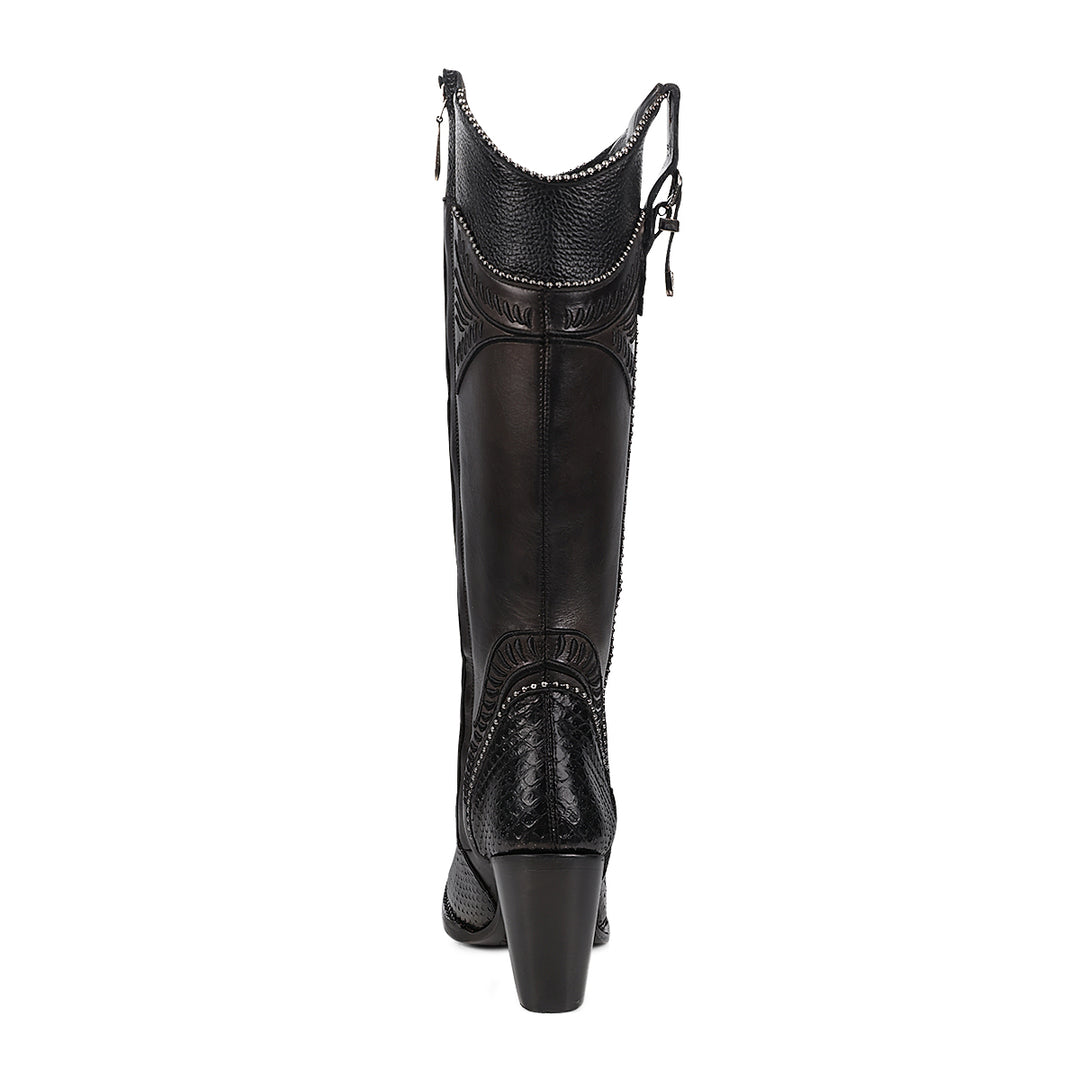 Black Python Cosmo Embroidery & Studs & Zipper Round Toe