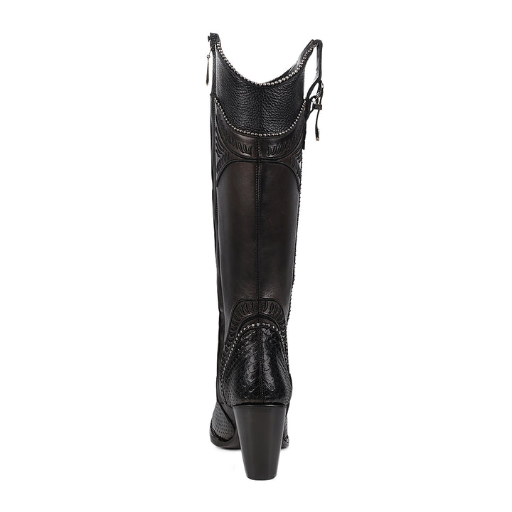 Black Python Cosmo Embroidery & Studs & Zipper Round Toe