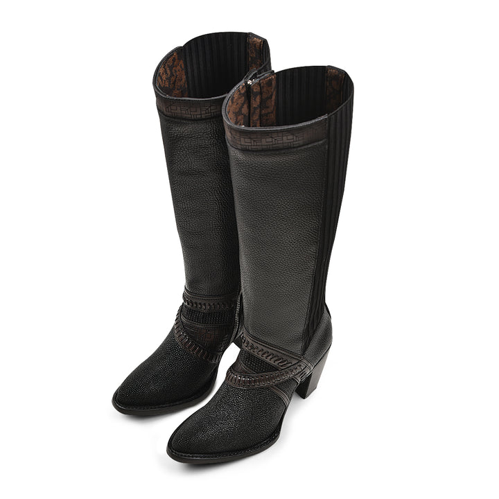 Black Stingray Laser & Woven & Zipper Round Toe
