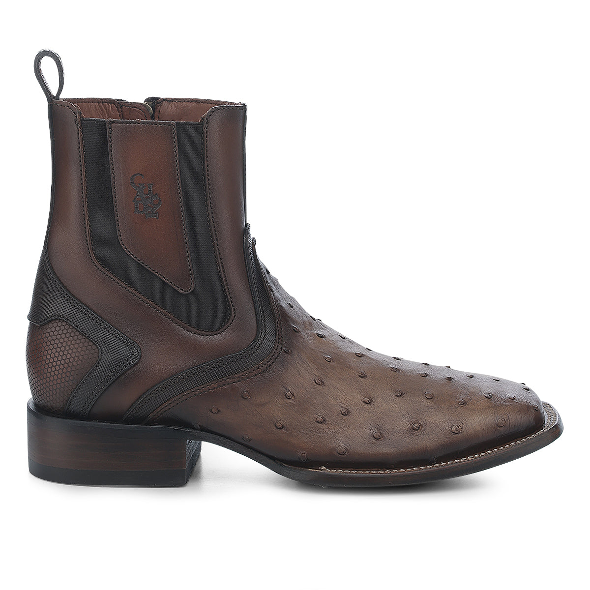 Brown Ostrich Zipper & Elastic Square Toe