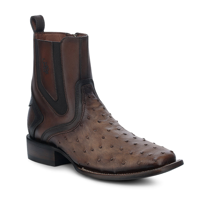 Brown Ostrich Zipper & Elastic Square Toe