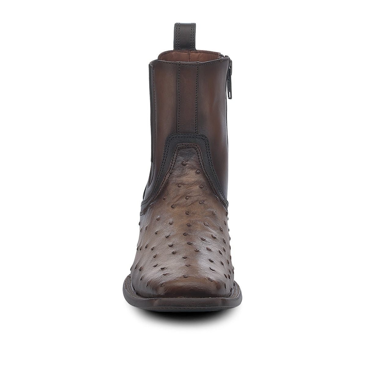 Brown Ostrich Zipper & Elastic Square Toe