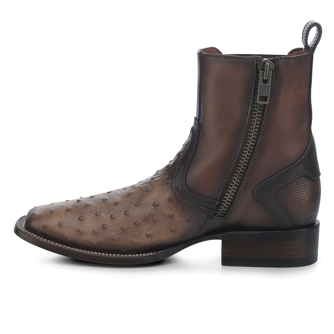 Brown Ostrich Zipper & Elastic Square Toe