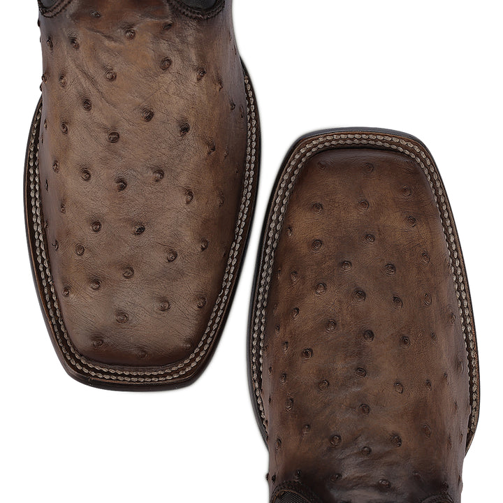 Brown Ostrich Zipper & Elastic Square Toe