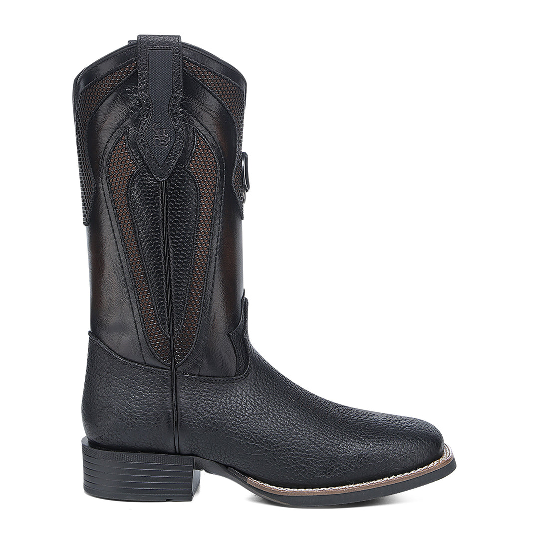 Black & Honey American Bison Embroidery & Studs Square Toe
