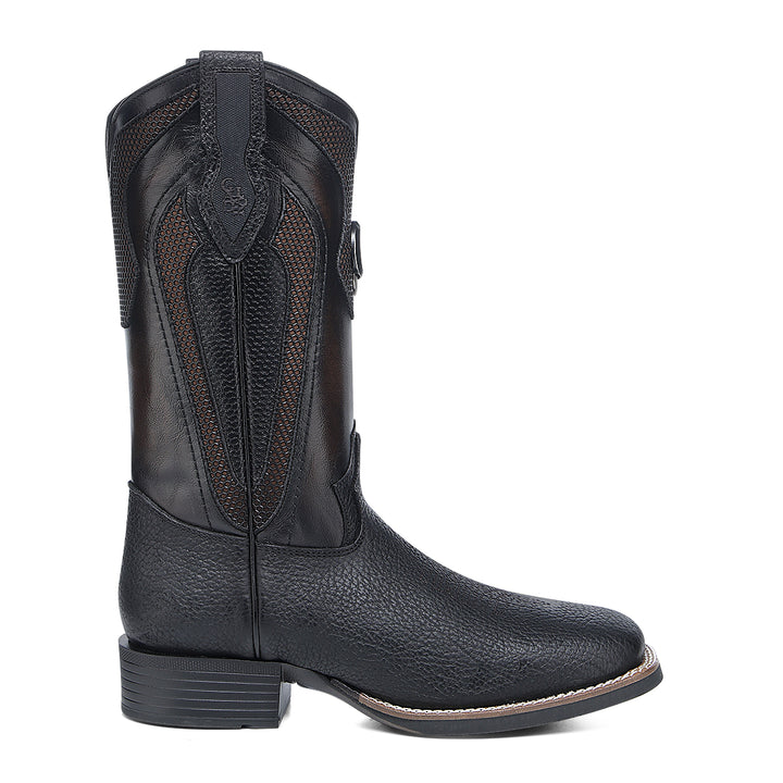 Black & Honey American Bison Embroidery & Studs Square Toe