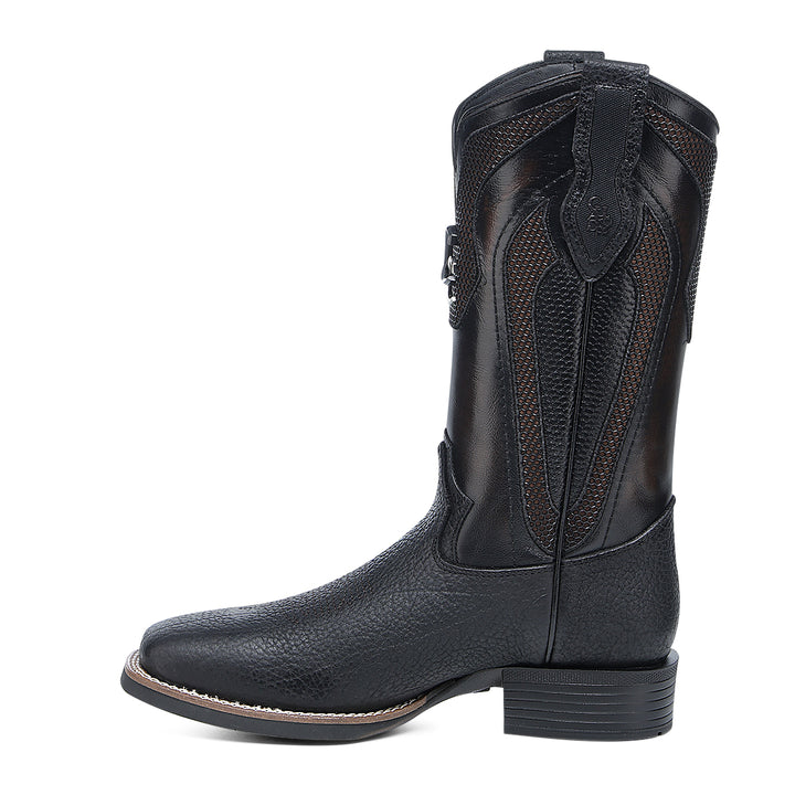 Black & Honey American Bison Embroidery & Studs Square Toe