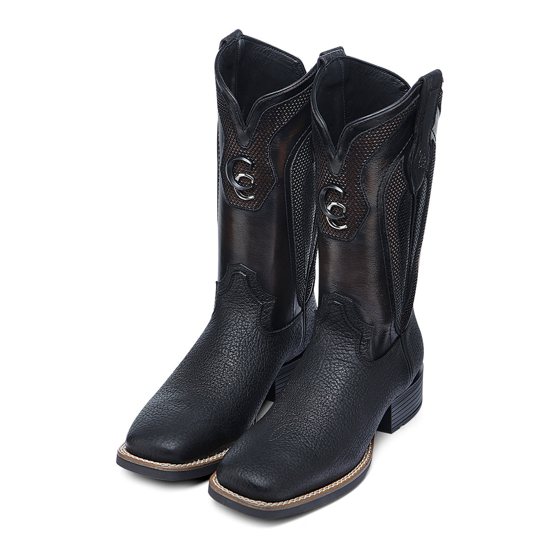 Black & Honey American Bison Embroidery & Studs Square Toe