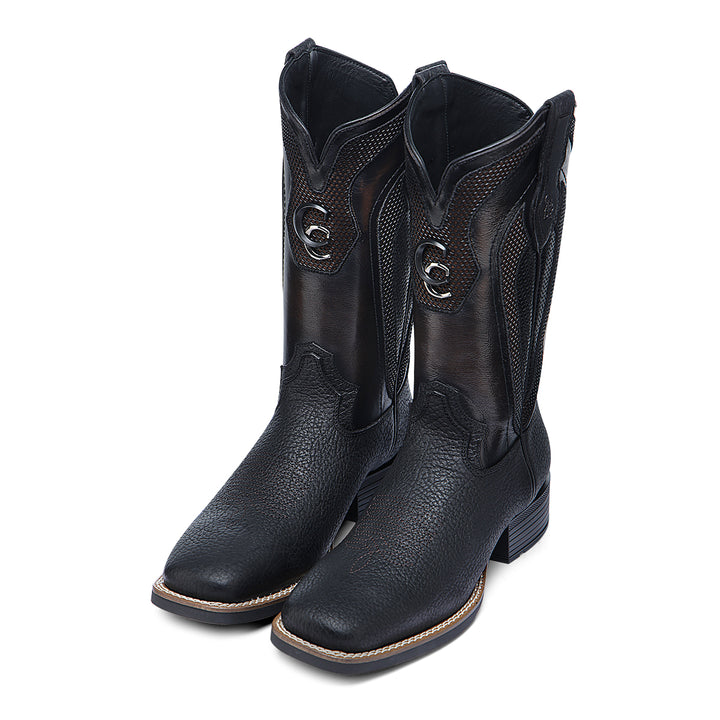 Black & Honey American Bison Embroidery & Studs Square Toe