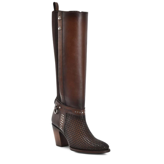 Honey & Brown Cowhide Zipper & Studs & Laser Boot