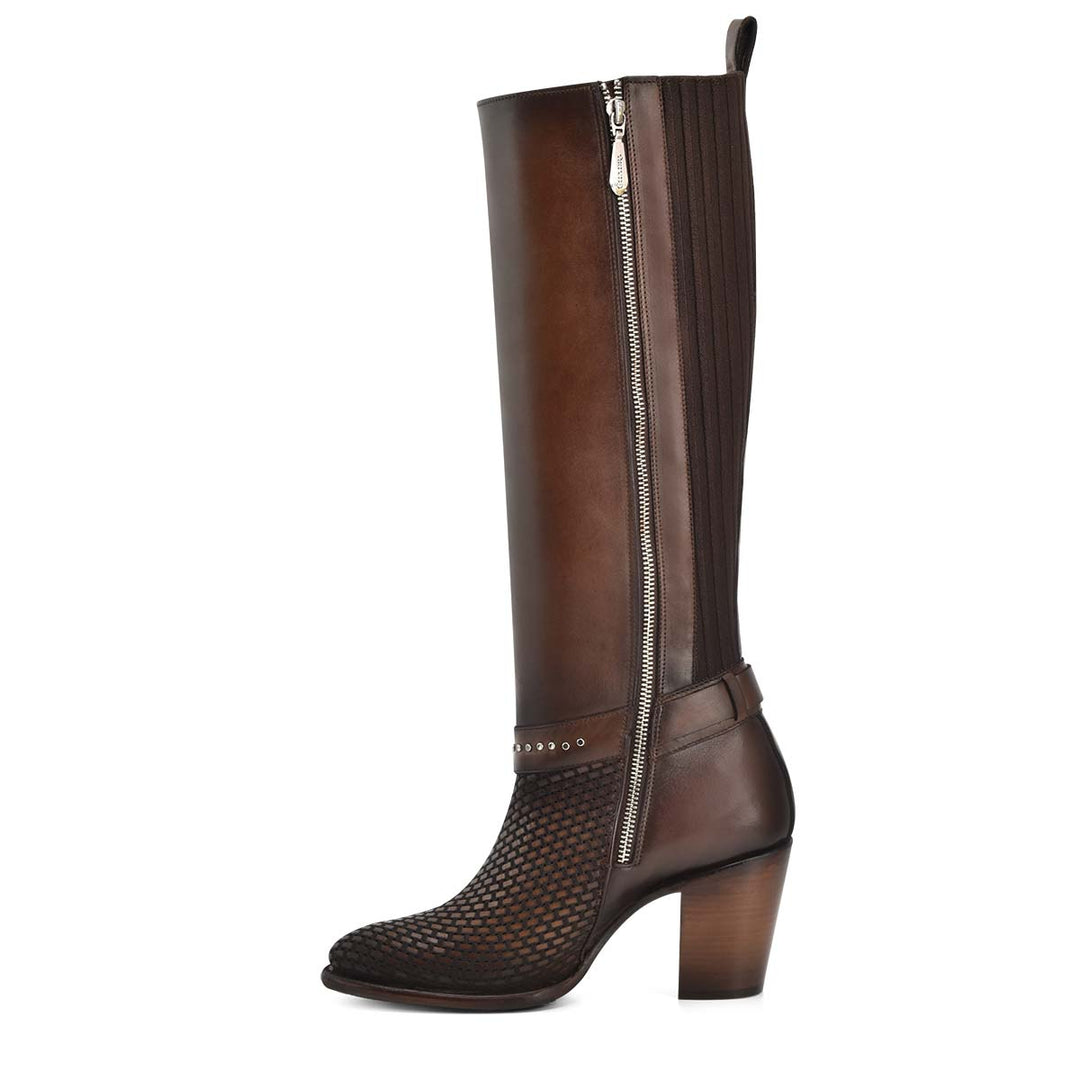 Honey & Brown Cowhide Zipper & Studs & Laser Boot