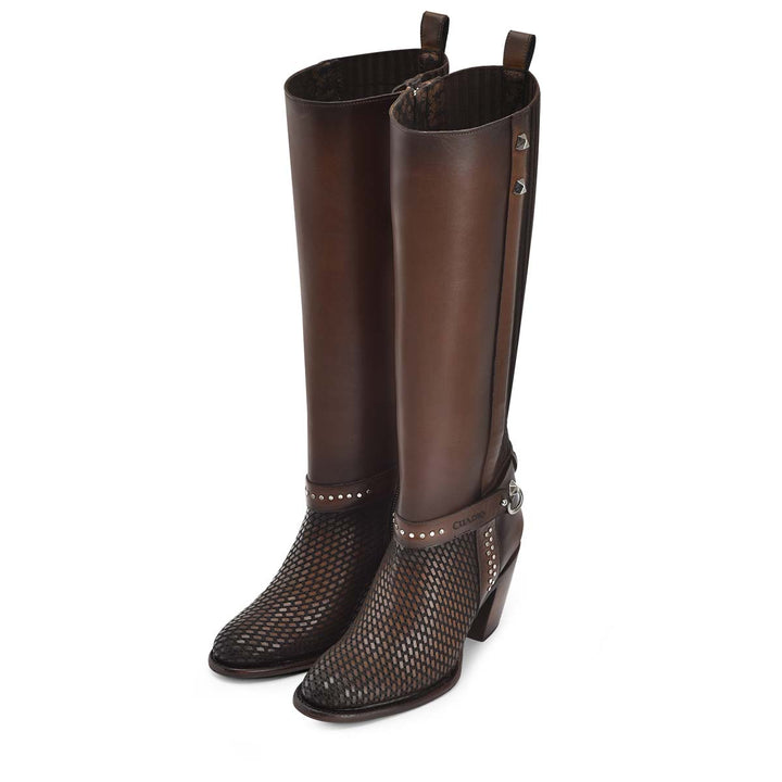 Honey & Brown Cowhide Zipper & Studs & Laser Boot