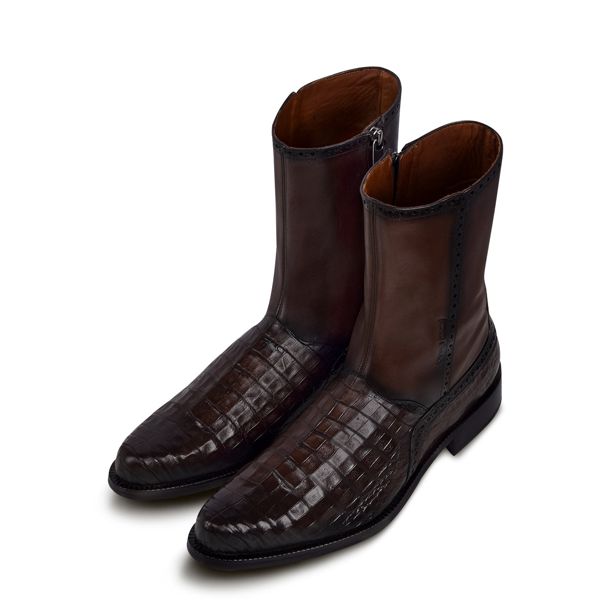 Brown Caiman Zipper Round Toe