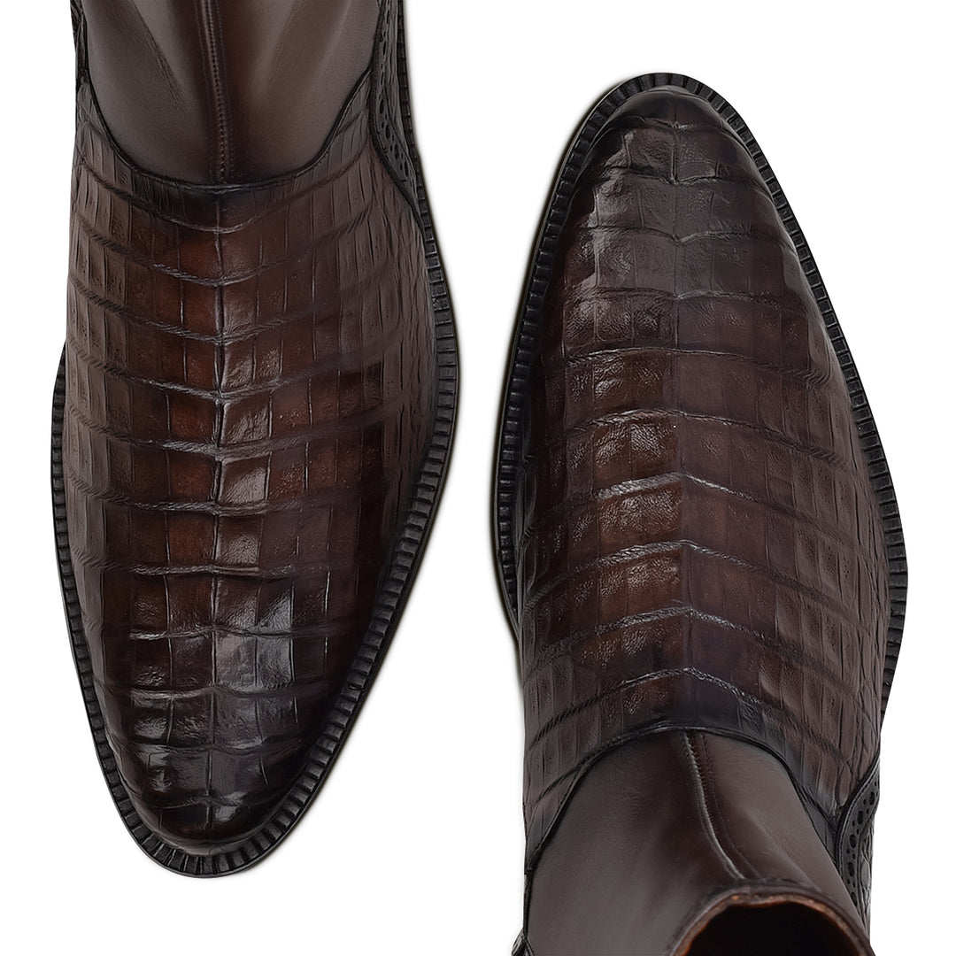 Brown Caiman Zipper Round Toe