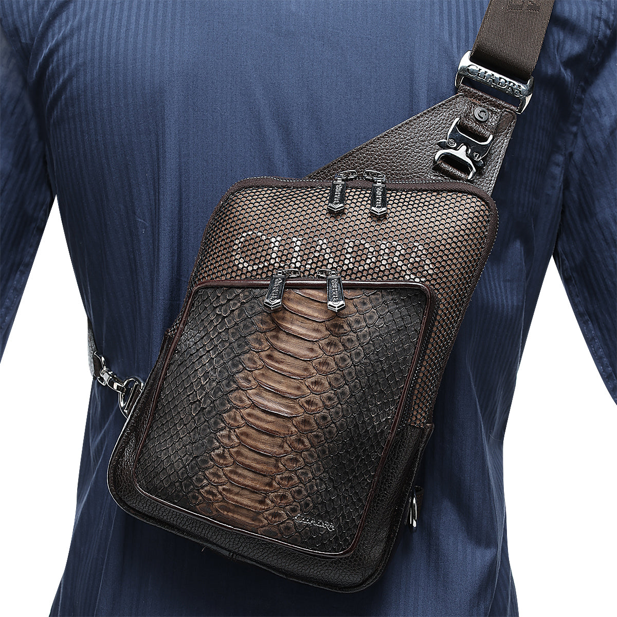 BROWN PYTHON ZIPPER & STUDS BAG