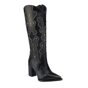 Black Python Embroidery & Studs & Zipper Pointed Toe