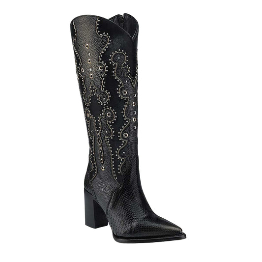 Black Python Embroidery & Studs & Zipper Pointed Toe