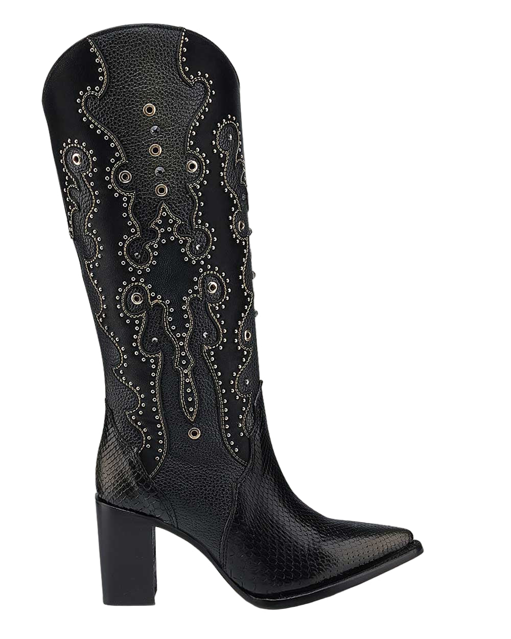 Black Python Embroidery & Studs & Zipper Pointed Toe