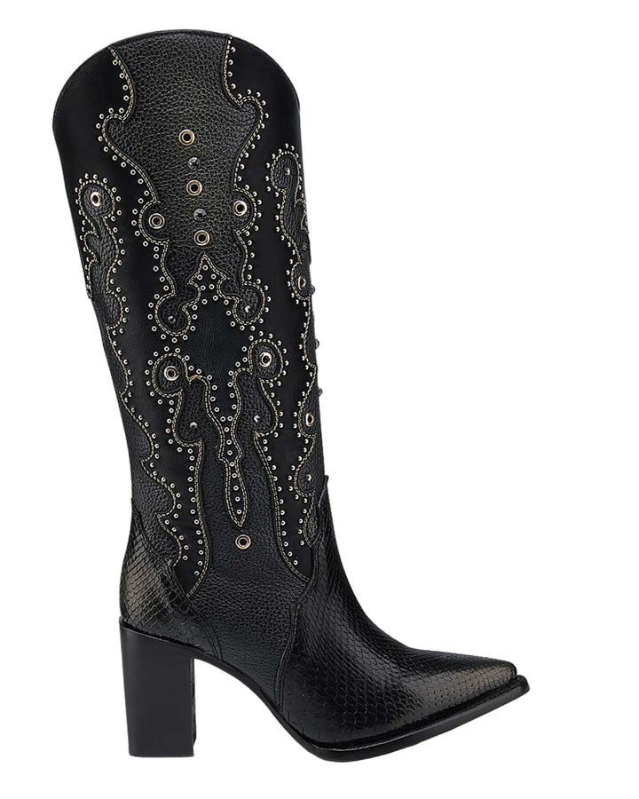 Black Python Embroidery & Studs & Zipper Pointed Toe