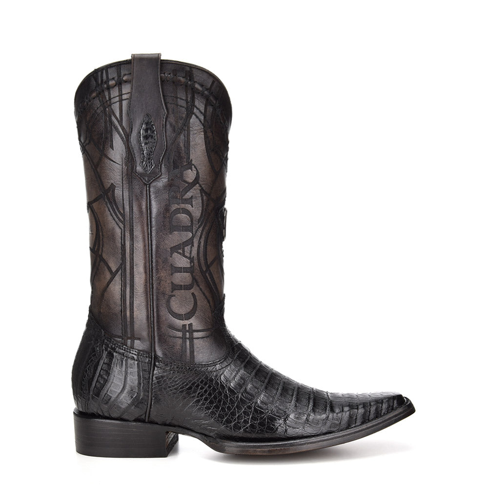 Plunge Black Caiman Laser & Embroidery Narrow Square Toe