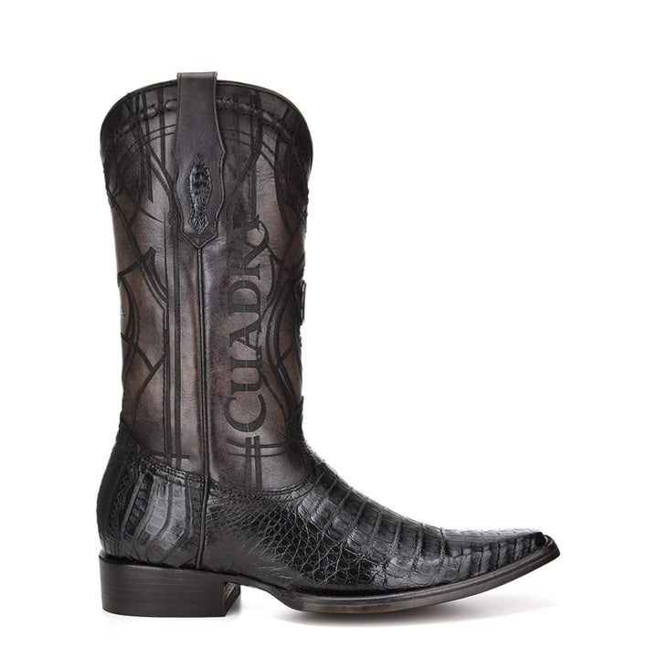 Plunge Black Caiman Laser & Embroidery Narrow Square Toe