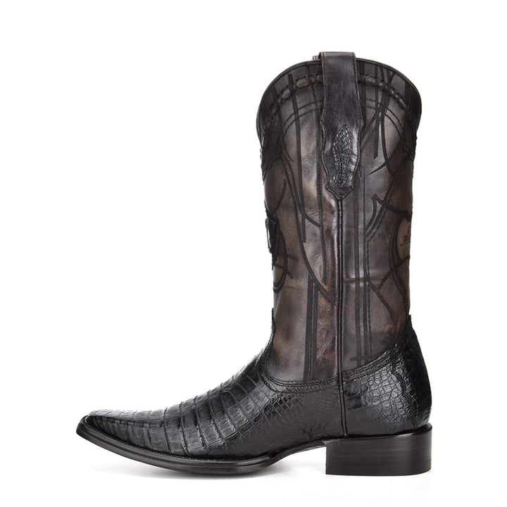 Plunge Black Caiman Laser & Embroidery Narrow Square Toe