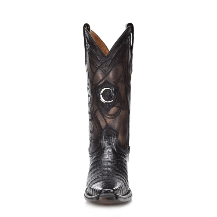 Plunge Black Caiman Laser & Embroidery Narrow Square Toe