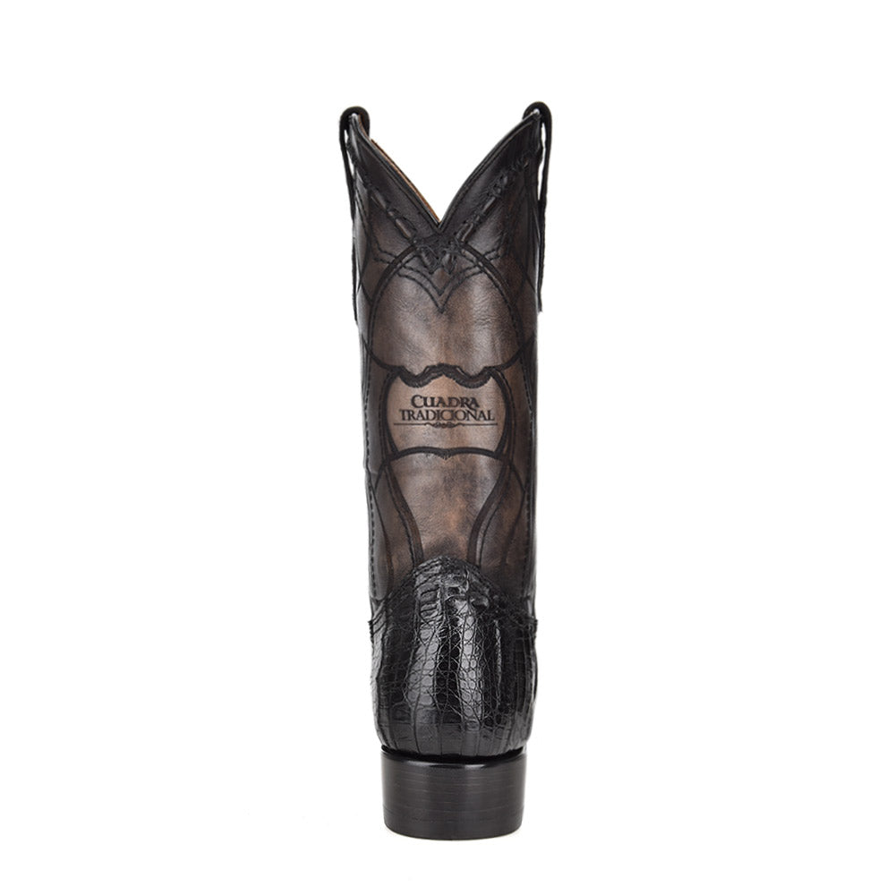 Plunge Black Caiman Laser & Embroidery Narrow Square Toe