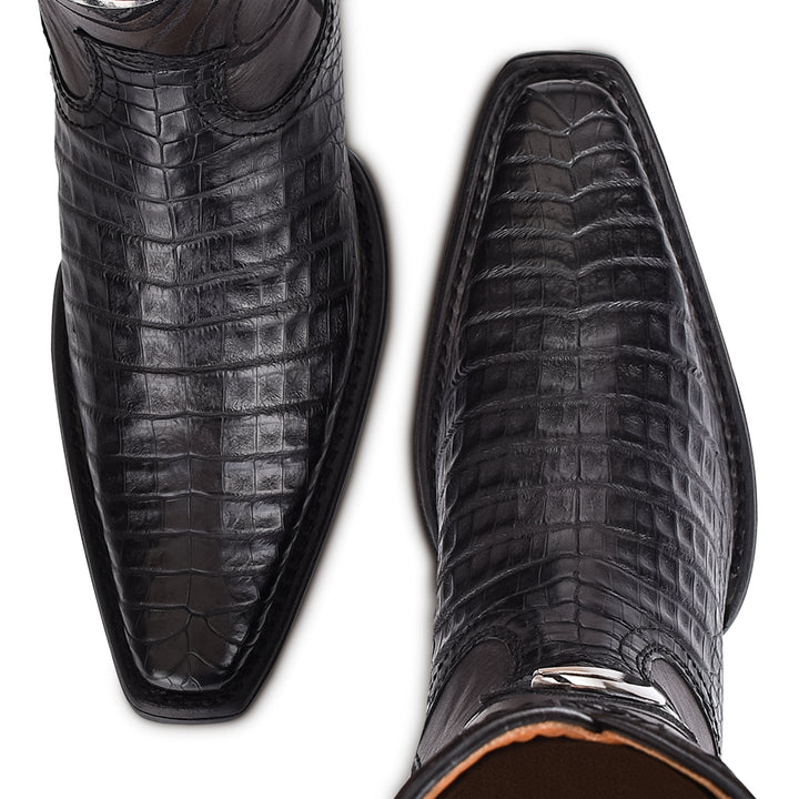 Plunge Black Caiman Laser & Embroidery Narrow Square Toe
