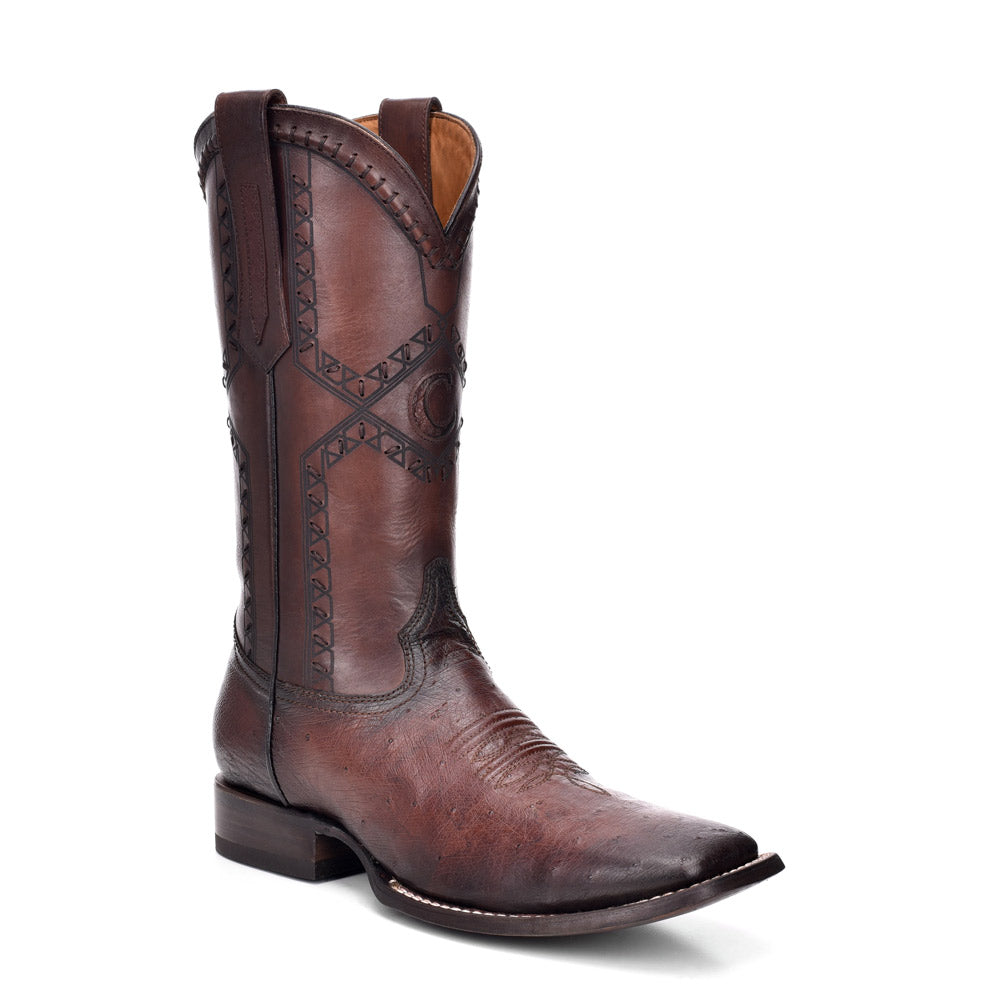 Flame Chocoate Ostrich Laser & Woven Square Toe