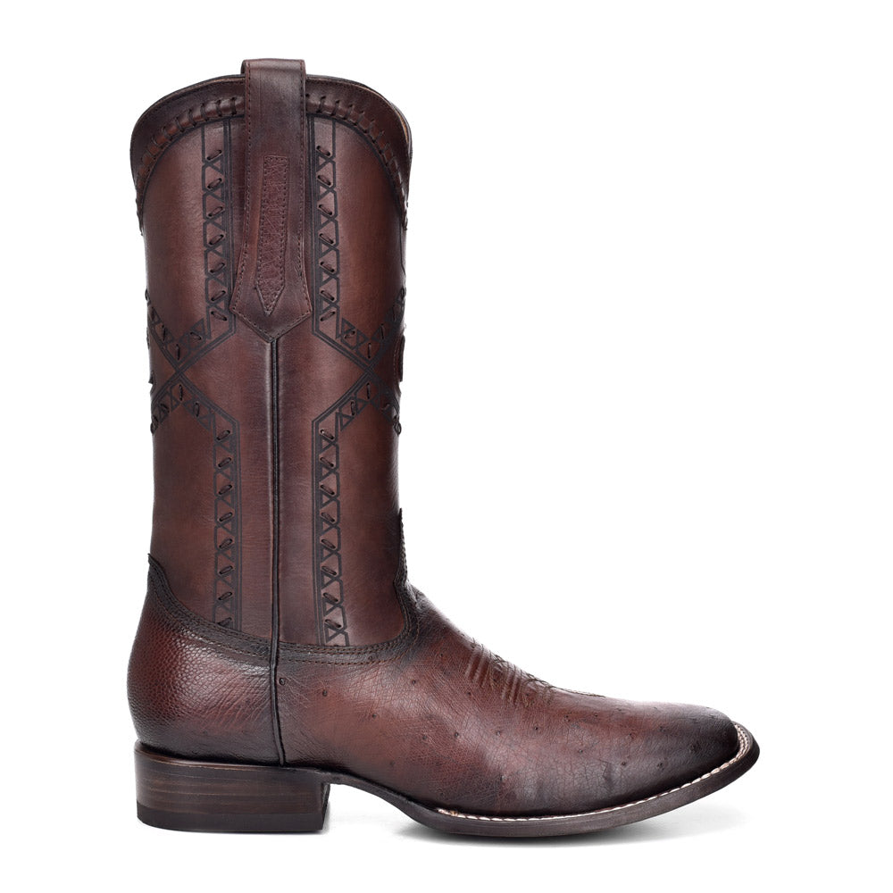 Flame Chocoate Ostrich Laser & Woven Square Toe