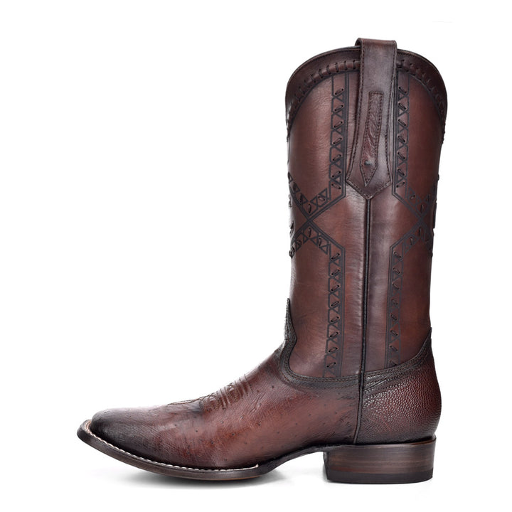 Flame Chocoate Ostrich Laser & Woven Square Toe